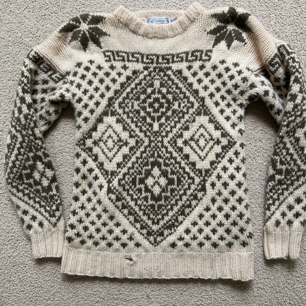 GAP Cream and Olive Green Fair Isle Crewneck Sweater